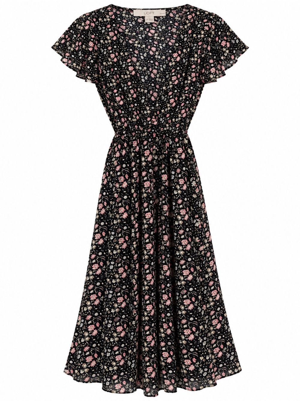 LOFT Petites Black Floral Midi Dress Size 0P